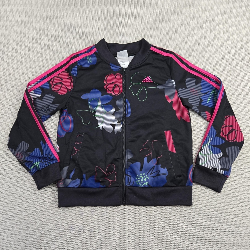 Adidas Jacket Girls Large 14 Black Floral Track Zip Up 3 Stripe Logo Athletic